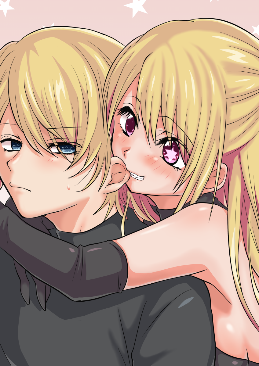 1boy 1girl biting black_gloves black_shirt blonde_hair blue_eyes blush breasts brother_and_sister closed_mouth commentary ear_biting elbow_gloves gloves hair_between_eyes highres hoshino_aquamarine hoshino_ruby hug hug_from_behind incest long_hair mismatched_pupils nibokku no_pupils oshi_no_ko pink_eyes shirt short_hair siblings sideboob sidelocks sleeveless smile star-shaped_pupils star_(symbol) sweatdrop symbol-shaped_pupils twincest twins