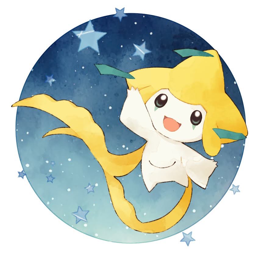 full_body jirachi night night_sky no_humans open_mouth pokemon pokemon_(creature) shakemi_(sake_mgmgmg) simple_background sky solo star_(sky) star_(symbol) starry_sky