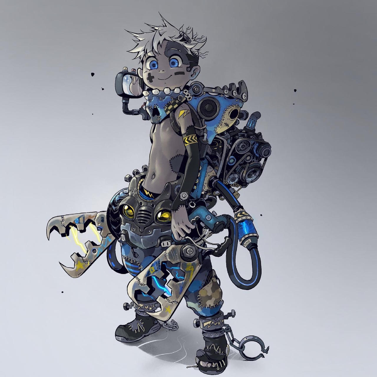 1boy black_footwear blue_eyes bolt full_body highres lightning_bolt_symbol male_child male_focus mecha mirror moonshen_timojim navel original plug reflection robot shoes simple_background smile solo stitches topless_male white_hair zombie