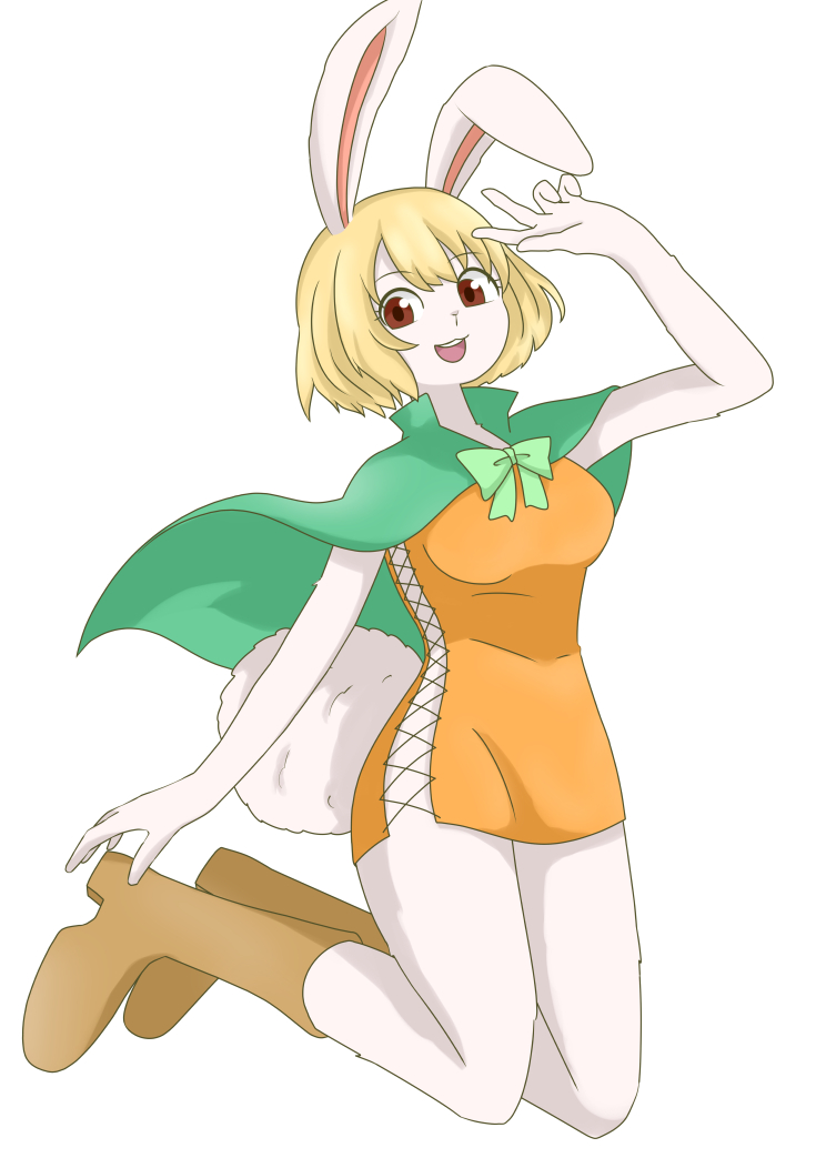 2023 anthro blonde_hair boots bow_ribbon breasts brown_eyes cape carrot_(one_piece) clothing eyebrows eyelashes female footwear fur gesture green_cape hair lagomorph leporid long_ears looking_at_viewer mammal minkmen_(one_piece) one_piece open_mouth open_smile rabbit she_lath short_hair simple_background smile solo v_sign white_background white_body white_fur