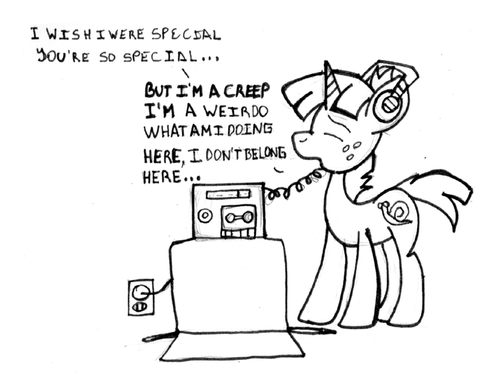 box container equid equine feral friendship_is_magic hasbro headphones horn horse male mammal monochrome my_little_pony pony quadruped radio radiohead reddragonkan singing snails_(mlp) solo song traditional_media_(artwork) unicorn