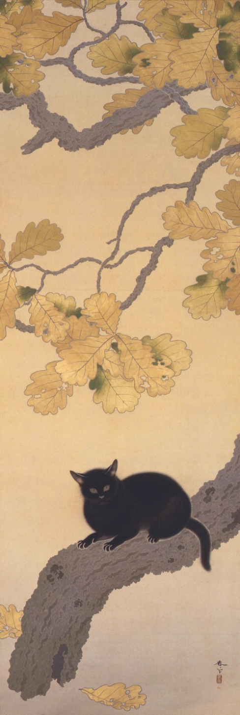 1910 20th_century ambiguous_gender ancient_art autumn black_body black_fur branch domestic_cat falling_leaves felid feline felis feral fur hi_res hishida_shunso japanese_text looking_at_viewer mammal mouth_closed on_branch painting_(artwork) plant quadruped snout solo tail text traditional_media_(artwork) tree