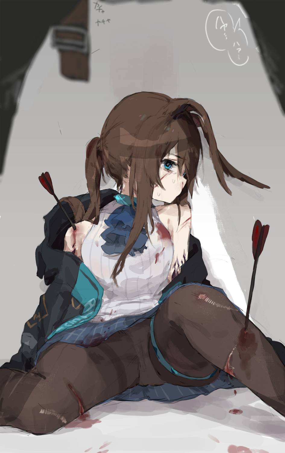 1girl amiya_(arknights) animal_ears arknights arrow_(projectile) arrow_in_body ascot bare_shoulders black_pantyhose blue_ascot blue_eyes blue_jacket blue_skirt choker commentary cuts highres injury jacket ladder long_hair looking_at_viewer open_clothes open_jacket oripathy_lesion_(arknights) panties panties_under_pantyhose pantyhose plaid plaid_skirt ponytail rabbit_ears rabbit_girl shirt sidelocks skirt sleeveless sleeveless_shirt solo_focus thigh_strap torn_clothes translation_request underwear unitedunti upskirt white_shirt