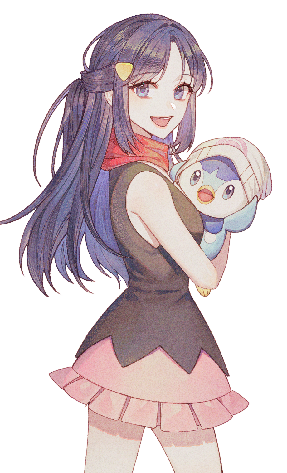 1girl :d bare_arms black_hair blue_eyes clothed_pokemon commentary dawn_(pokemon) eyelashes from_side hair_ornament hairclip highres holding holding_pokemon long_hair looking_to_the_side open_mouth pink_skirt piplup pokemon pokemon_(creature) pokemon_(game) pokemon_dppt scarf shirt sidelocks simple_background skirt sleeveless sleeveless_shirt smile sueon00 teeth upper_teeth_only white_background
