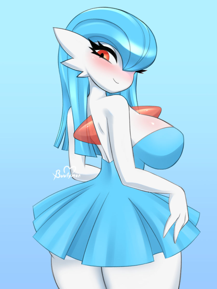 3:4 big_breasts blue_hair blus breasts buutymon clothing dress female gardevoir generation_3_pokemon hair hi_res looking_at_viewer looking_back looking_back_at_viewer nintendo not_furry pokemon pokemon_(species) solo