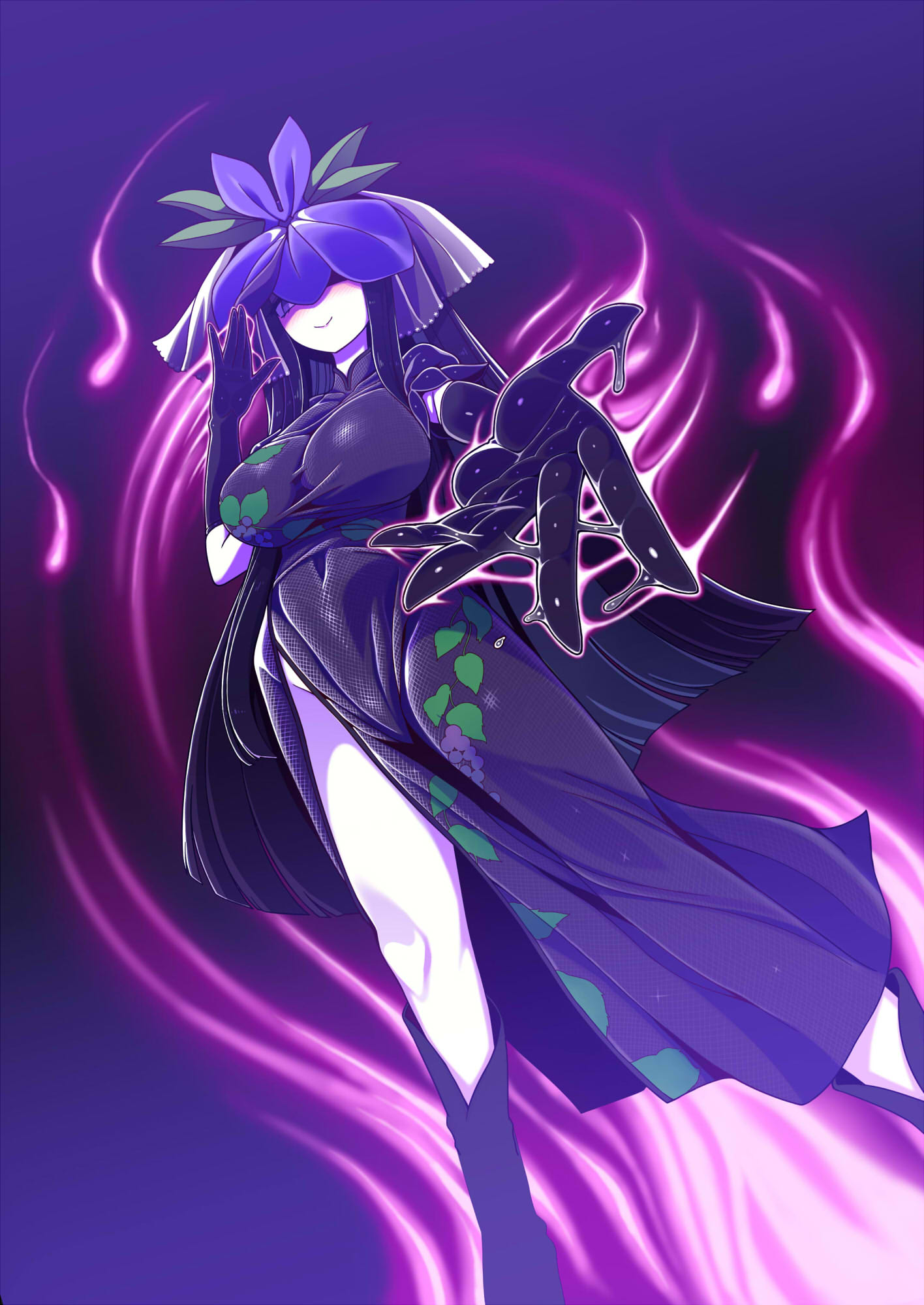 1girl \||/ aura black_dress black_footwear black_gloves black_hair blush boots breasts china_dress chinese_clothes closed_mouth commentary_request covered_navel dress elbow_gloves feet_out_of_frame flower flower_on_head gloves grape_print highres hitodama large_breasts long_hair looking_at_viewer one_eye_covered print_dress purple_background purple_eyes purple_flower reaching reaching_towards_viewer short_sleeves sidelocks smile solo touhou vine_print yassy yomotsu_hisami