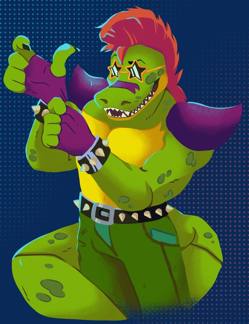 alligator alligatorid anthro belt big_tail clothing crocodilian eyewear five_nights_at_freddy's five_nights_at_freddy's:_security_breach glasses gloves half_naked handwear male montgomery_gator_(fnaf) muscular muscular_male naaidden pants_only reptile scalie scottgames shirtless_male solo spikes steel_wool_studios tail teeth