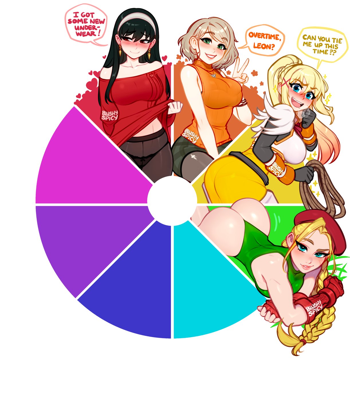 4girls ahoge arm_behind_back artist_logo artist_name ashley_graham ass bare_shoulders beret black_gloves black_hair black_panties blonde_hair blue_eyes blush blushyspicy bra_visible_through_clothes braid breasts brown_pantyhose cammy_white closed_mouth clothes_lift color_coordination color_wheel color_wheel_challenge cowboy_shot crossover darkness_(konosuba) dress earrings fingerless_gloves gloves green_eyes green_leotard hair_ornament hair_rings hairband hat high-waist_pantyhose highres holding holding_rope huge_ahoge jewelry kono_subarashii_sekai_ni_shukufuku_wo! large_breasts leotard lifted_by_self long_hair looking_at_viewer looking_back medium_breasts multicolored_hair multiple_crossover multiple_girls narrow_waist necklace off-shoulder_dress off-shoulder_sweater off_shoulder open_mouth panties panties_under_pantyhose pantyhose ponytail red_dress red_eyes red_gloves red_headwear red_sweater resident_evil resident_evil_4 rope scar scar_on_cheek scar_on_face short_hair skort sleeveless sleeveless_turtleneck smile solo spy_x_family street_fighter street_fighter_ii_(series) surprised sweater sweater_dress sweater_lift thighs thong_leotard torn_clothes torn_pantyhose turtleneck twin_braids underwear v very_long_hair watermark web_address white_hairband x_hair_ornament yor_briar