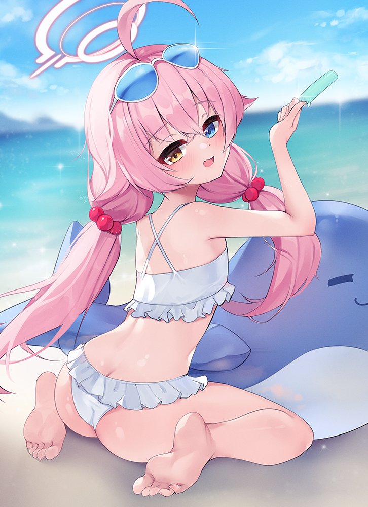 1girl 2drr ass barefoot bikini blue-tinted_eyewear blue_archive eyewear_on_head feet frilled_bikini frills hair_bobbles hair_ornament halo heterochromia hoshino_(blue_archive) hoshino_(swimsuit)_(blue_archive) inflatable_toy inflatable_whale legs low_twintails soles solo stuffed_whale sunglasses swimsuit tinted_eyewear toes twintails white-framed_eyewear white_bikini