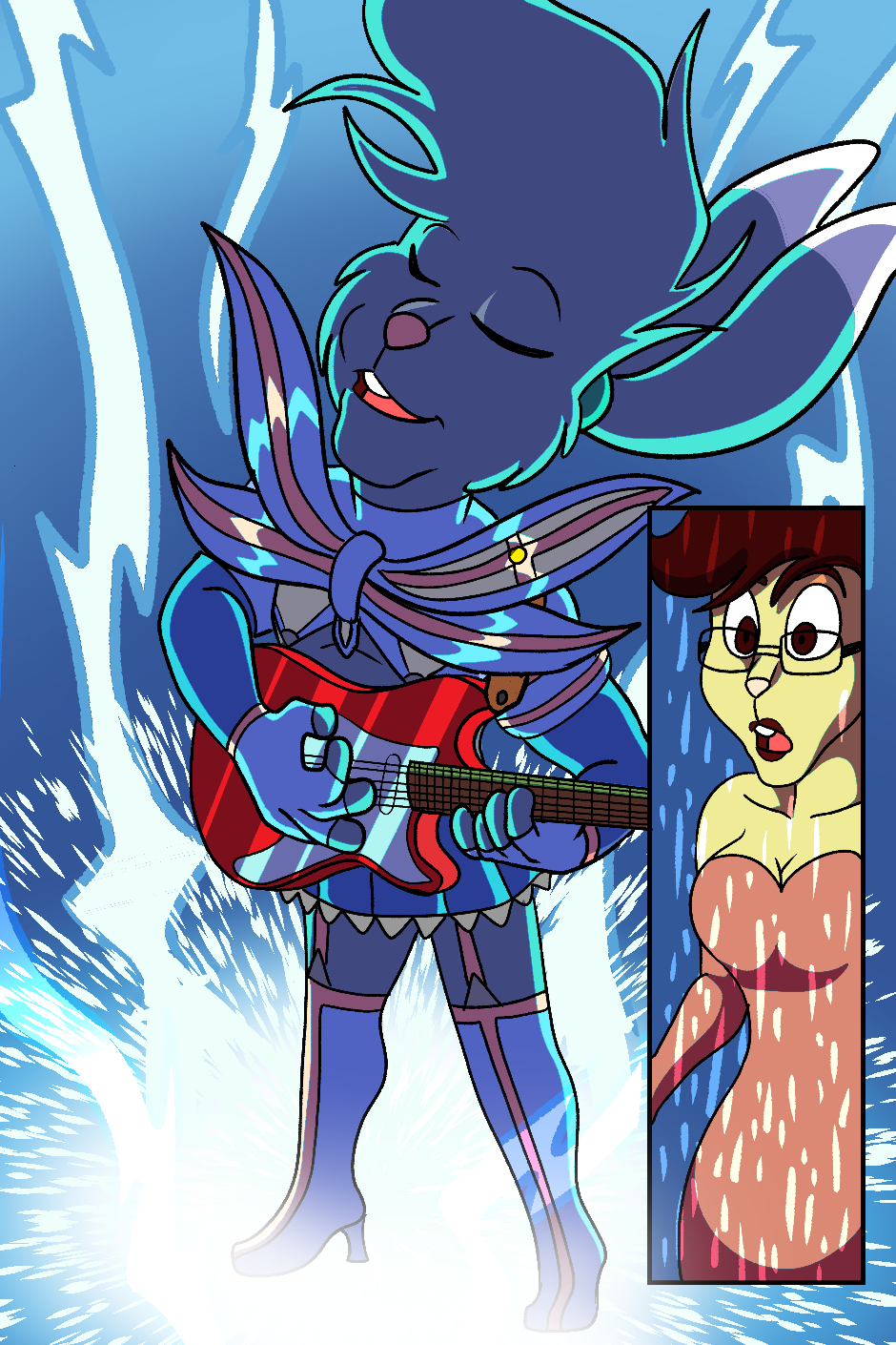 2021 5_fingers 6-string_guitar anthro blue_background blue_bottomwear blue_clothing blue_legwear blue_skirt blue_thigh_highs bottomwear breasts brown_hair buckteeth chance_the_rabbit cleavage clothed clothing comic dark_body dark_fur dark_hair divine_acid ears_tied_back electricity english_text eyes_closed eyewear female fingers front_view fur glasses green_hairband grey_body grey_fur grey_hair hair hi_res inside jennifer_(divine_acid) lagomorph legwear leporid lightning lips lordmarukio magical_boy_theme magical_girl_outfit male mammal pink_blouse playing_music rabbit red_lips simple_background skirt solo suspenders teeth text thigh_highs
