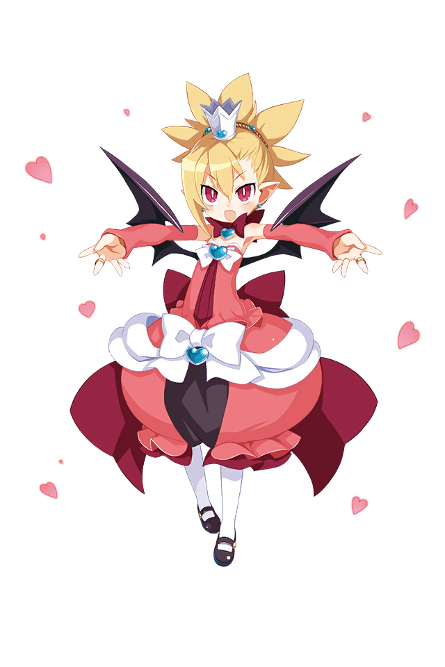 1girl aged_down asymmetrical_bangs back_bow black_footwear black_wings blonde_hair bow bright_pupils brooch child crown demon_girl detached_sleeves disgaea disgaea_rpg dress earrings full_body half_updo heart heart_brooch jewelry mary_janes non-web_source official_art open_mouth outstretched_arms pantyhose photoshop_(medium) pointy_ears puffy_dress red_eyes rozalin shoes short_hair solo spread_arms strapless strapless_dress transparent_background white_pantyhose wings