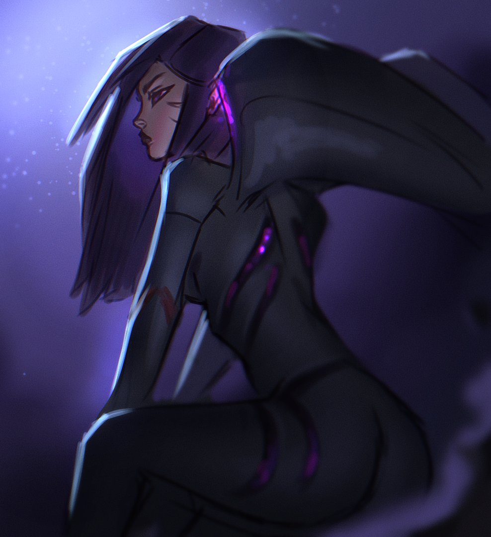 1girl ass black_bodysuit bodysuit breasts closed_mouth dwekou facial_mark from_side gradient_background kai'sa league_of_legends long_hair multicolored_bodysuit multicolored_clothes purple_background purple_bodysuit purple_eyes purple_hair red_lips sitting solo unfinished wings