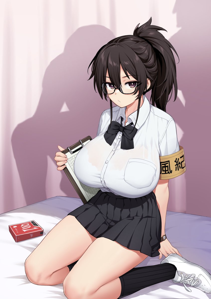 1girl armband black_bow black_bowtie black_hair black_skirt black_socks bow bowtie bra bra_visible_through_clothes breasts bright_pupils brown_eyes clipboard collared_shirt condom_box cover cover_page curtains glasses highres holding holding_clipboard kneeling large_breasts long_hair looking_at_viewer loose_bowtie on_bed original pleated_skirt ponytail school_uniform semi-rimless_eyewear shirt shirt_tucked_in skirt socks solo try_(lsc) underwear watch white_bra white_footwear white_pupils white_shirt wristwatch yellow_armband