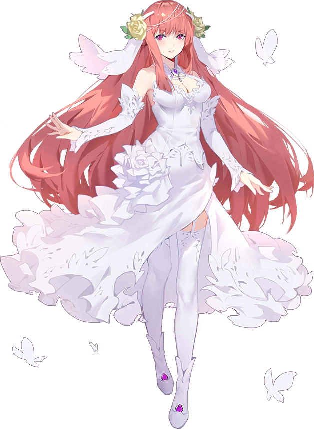 1girl bare_shoulders breasts bug butterfly cleavage detached_sleeves dress flower full_body guinevere_(iron_saga) hair_flower hair_ornament iron_saga long_hair official_alternate_costume official_art pink_hair red_eyes simple_background sola7764 tachi-e thighhighs veil wedding_dress