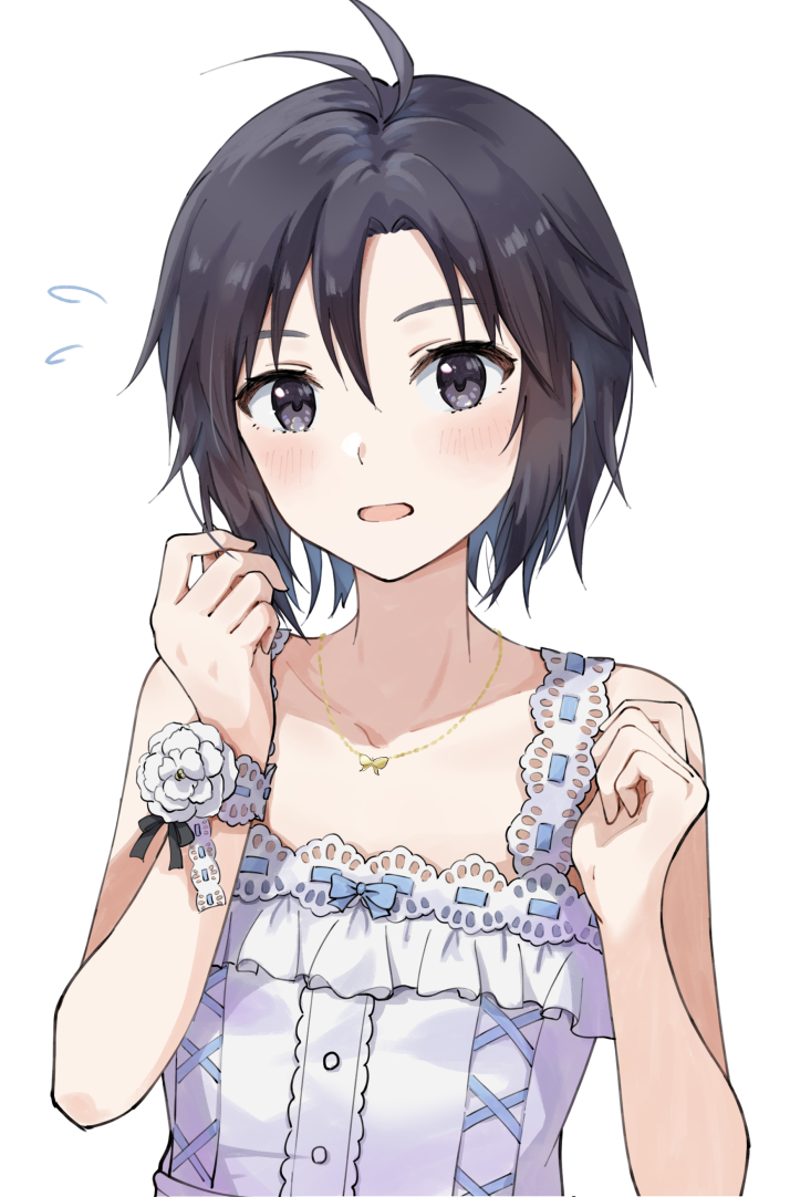 1girl antenna_hair bare_shoulders black_eyes black_hair bracelet breasts butterfly_necklace close-up collarbone commentary dress embarrassed flower flying_sweatdrops gold_necklace hands_up idolmaster idolmaster_(classic) jewelry kikuchi_makoto lace-trimmed_dress lace_trim looking_at_viewer loose_hair_strand mogskg necklace open_mouth portrait short_hair small_breasts solo starpiece_memories_(idolmaster) sundress upper_body white_dress white_flower wrist_flower