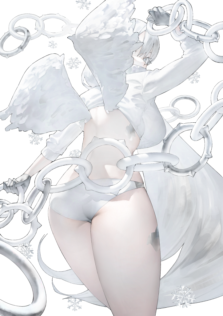 1girl ass breasts chain crop_top from_behind gloves grey_gloves large_breasts long_hair long_sleeves mi8pq original panties shirt snowflakes solo underwear white_background white_eyes white_hair white_panties white_shirt white_theme white_wings wings