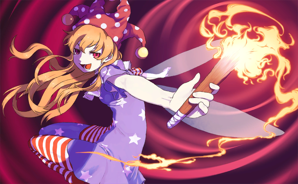 1girl american_flag_dress artist_request blonde_hair blue_dress blue_pantyhose clownpiece collar dress fairy fairy_wings fire floating from_side game_cg hair_lift half-closed_eyes hat holding holding_torch jester_cap long_hair looking_at_viewer lower_teeth_only multicolored_clothes multicolored_dress multicolored_pantyhose neck_ruff official_art open_mouth outstretched_arms pantyhose polka_dot_headwear pom_pom_(clothes) purple_headwear red_background red_dress red_eyes red_pantyhose short_dress smile star_(symbol) star_print striped striped_dress striped_pantyhose teeth third-party_source torch touhou touhou_cannonball v-shaped_eyebrows wavy_hair white_collar white_dress white_pantyhose wings