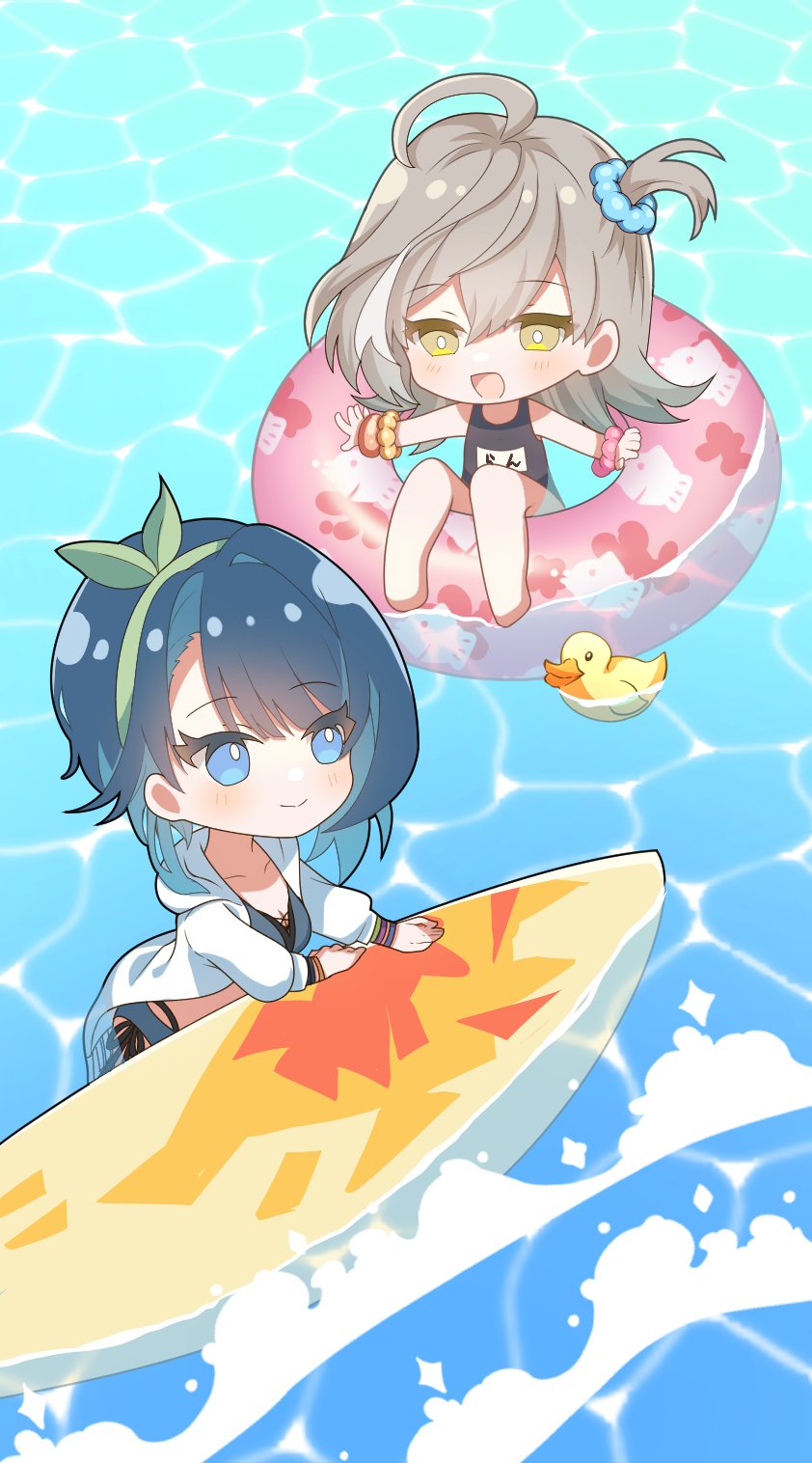 2girls :d afloat ahoge aizawa_kazuha assault_lily asymmetrical_hair bare_legs bare_shoulders barefoot bikini black_one-piece_swimsuit blue_bikini blue_eyes blue_hair blue_scrunchie blush bow bow_hairband breasts bright_pupils chibi cleavage closed_mouth collarbone commentary_request cross-laced_bikini cross-laced_clothes day green_bow green_hairband grey_hair hair_between_eyes hair_bow hair_ornament hair_scrunchie hairband hands_up highres hood hood_down hooded_jacket innertube jacket long_hair long_sleeves looking_at_another looking_to_the_side medium_breasts multi-strapped_bikini_bottom multicolored_hair multiple_girls name_tag official_alternate_costume official_alternate_hairstyle one-piece_swimsuit one_side_up outdoors outstretched_arms partially_submerged pink_innertube pink_scrunchie renea0222 rubber_duck sasaki_ran school_swimsuit scrunchie side-tie_bikini_bottom sideways_glance sitting smile sparkle streaked_hair surfboard swimsuit swimsuit_cover-up wading white_jacket white_pupils wrist_scrunchie yellow_eyes yellow_scrunchie