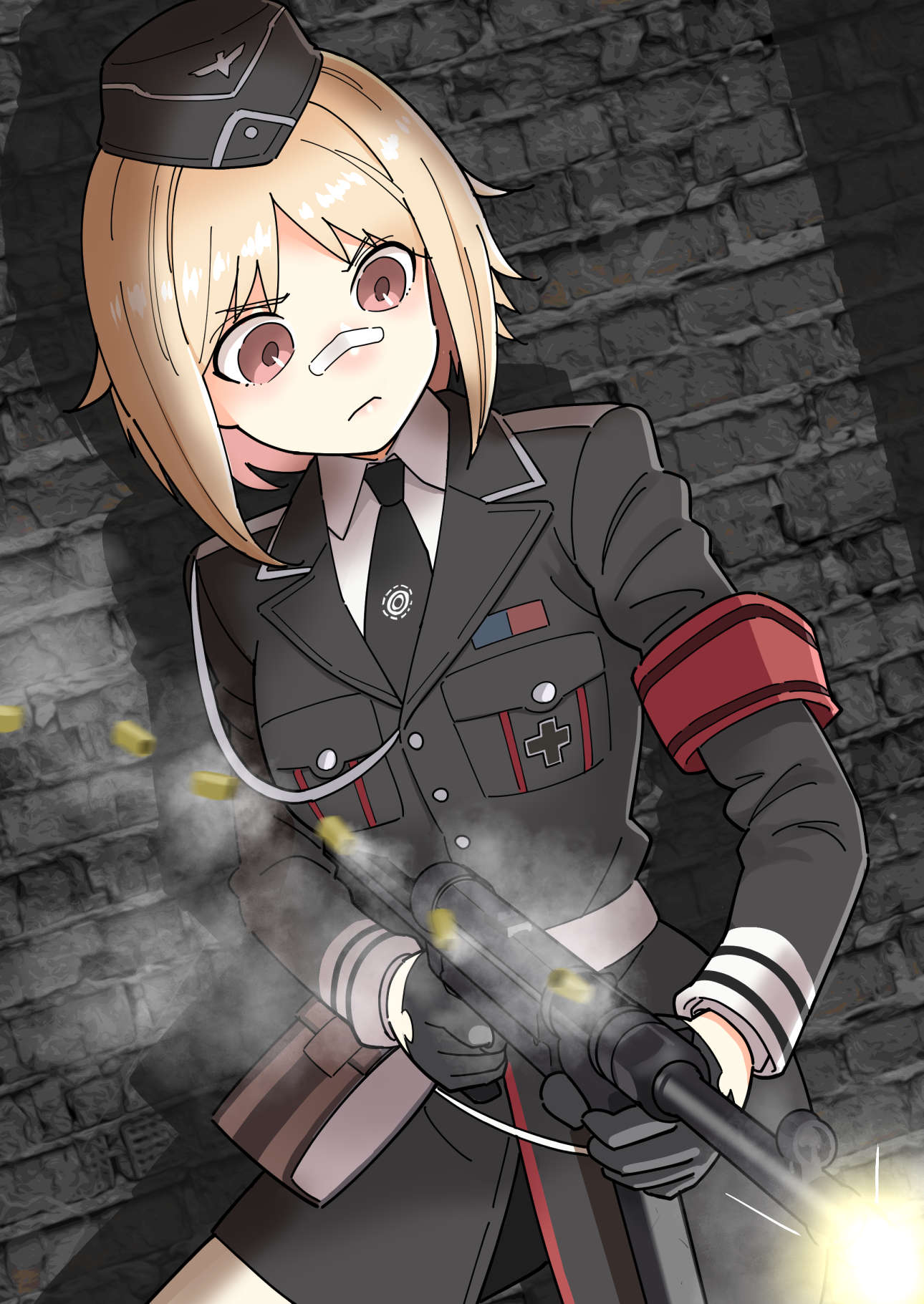 aiguillette armband bandaid bandaid_on_face bandaid_on_nose belt black_gloves black_jacket black_necktie blonde_hair brick_wall brown_eyes casing_ejection closed_mouth collared_shirt commentary_request cross finger_on_trigger firing garrison_cap gear_(gearba50) girls'_frontline gloves gun half_gloves hat highres holding holding_weapon iron_cross jacket long_sleeves medium_hair military_hat military_uniform mp40 mp40_(girls'_frontline) necktie pouch red_armband shell_casing shirt submachine_gun uniform upper_body weapon white_shirt