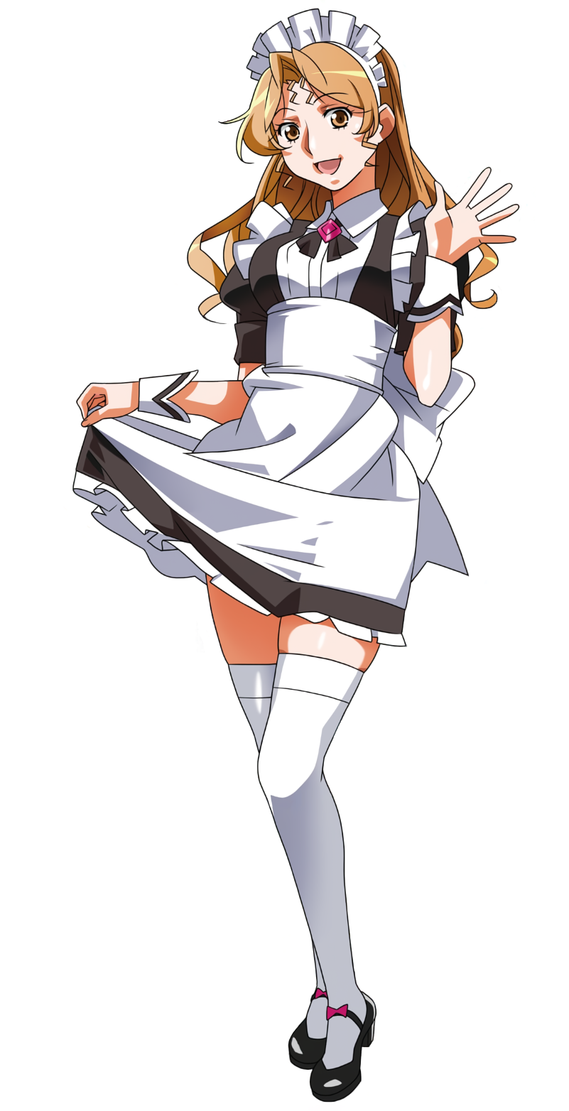 1girl black_footwear brooch brown_eyes brown_hair clothes_lift full_body hayasaka_akira highres jewelry lifted_by_self long_hair looking_at_viewer maid maid_headdress non-web_source official_art open_mouth photoshop_(medium) short_sleeves simple_background skirt skirt_lift solo standing super_real_mahjong thighhighs waving white_background white_thighhighs wrist_cuffs