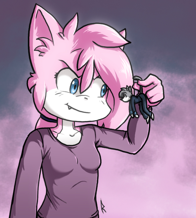 aeris_(vg_cats) anthro blue_eyes cute_fangs domestic_cat duo e-akahele evil_grin felid feline felis female fur holding_by_tail leo_(vg_cats) macro male male/female mammal micro pink_body pink_fur size_difference size_play smile vg_cats webcomic