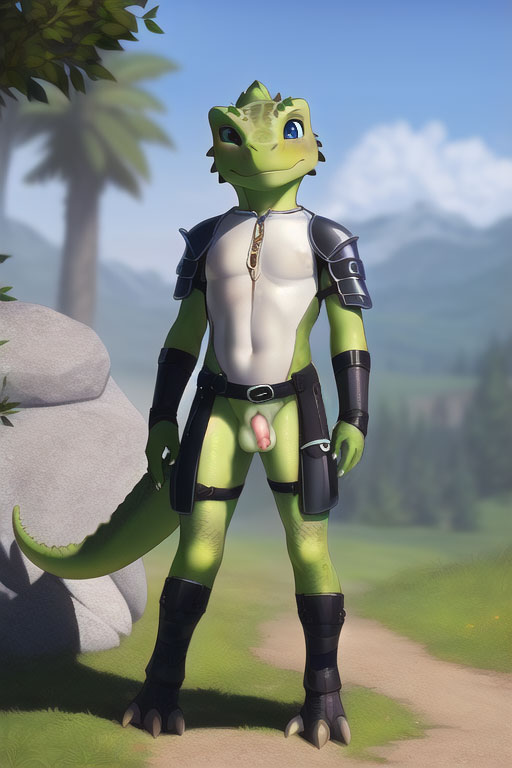 adventurer ai_generated argonian armor balls bethesda_softworks blue_eyes bottomless claws clothed clothing genitals greaves green_body green_scales male muscular nails nude pauldron penis scales scalie skimpy_armor slim smile solo tail the_elder_scrolls toe_claws young