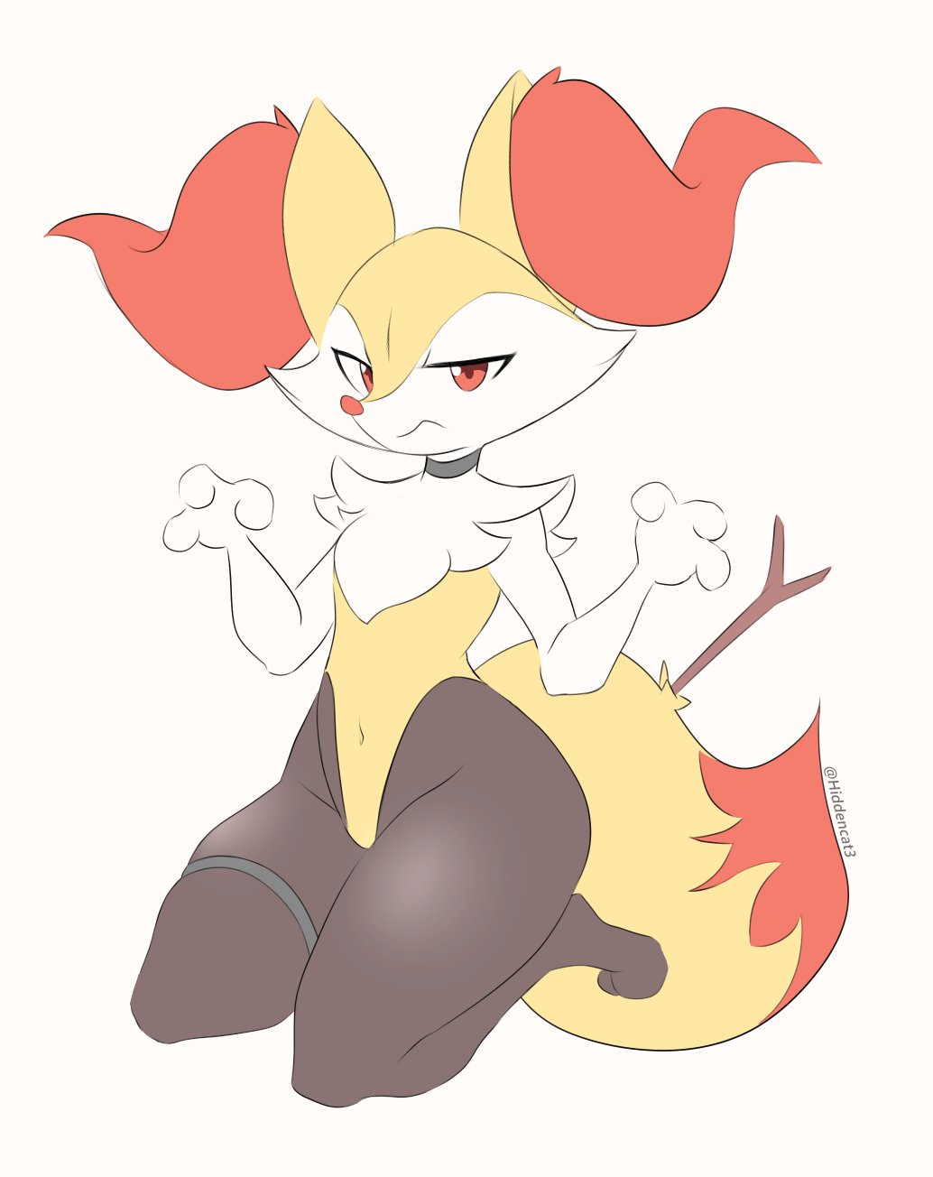 ambiguous_gender anthro braixen fur generation_6_pokemon hi_res hidden-cat looking_at_viewer nintendo pokemon pokemon_(species) red_eyes simple_background solo stick_in_tail thick_thighs yellow_body yellow_fur