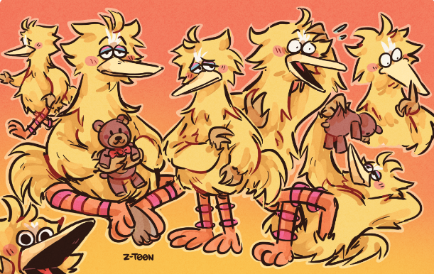 anthro avian big_bird bird blush bored bored_expression feathers gradient_background male open_mouth orange_body orange_legs orange_skin plushie running sesame_street shush shy signature simple_background solo suprised_look surprise teddy_bear warm_colors yellow_body yellow_feathers z-t00n