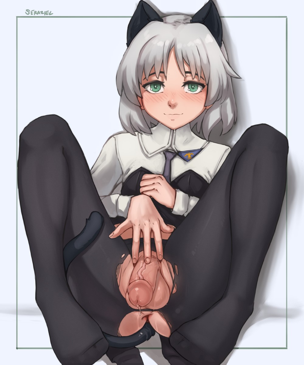 1girl animal_ears anus artist_name black_pantyhose blush cat_ears cat_girl cat_tail closed_mouth flaccid full_body futanari green_eyes grey_hair highres knees_up long_sleeves looking_at_viewer no_shoes pantyhose penis precum sanya_v._litvyak seraziel shirt solo strike_witches tail testicles torn_clothes torn_pantyhose uncensored veins veiny_penis white_shirt world_witches_series