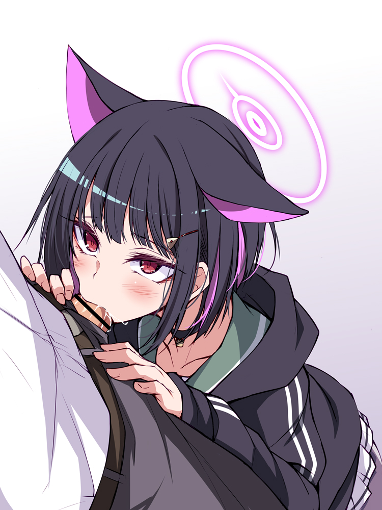 1boy 1girl animal_ears bar_censor black_choker black_hair black_jacket blue_archive blush cat_ears censored choker fellatio gradient_background hair_ornament hairclip halo hetero hood hood_down hooded_jacket jacket kazusa_(blue_archive) long_hair oral penis pink_hair red_eyes short_hair solo_focus suterii