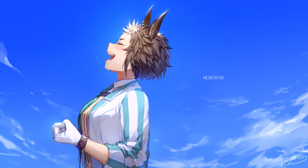1girl animal_ears blue_sky breasts brown_hair character_name clenched_hands closed_eyes cloud cloudy_sky collared_shirt commentary_request ear_ornament ear_piercing from_side gloves horse_ears horse_girl irua medium_breasts mejiro_ryan_(umamusume) multicolored_hair open_mouth outdoors piercing shirt short_hair sky smile solo streaked_hair striped striped_shirt teeth umamusume upper_body upper_teeth_only white_gloves white_hair