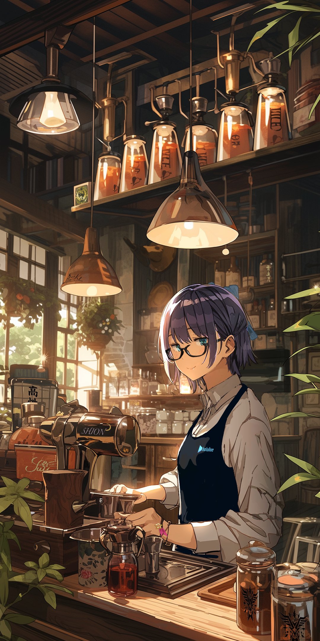 1girl a-chan_(hololive) alternate_costume apron arrow_through_heart black-framed_eyewear black_apron blue_bow blue_eyes blue_hair blush bottle bow breasts cafe ceiling_light closed_mouth coffee_grinder cohi27151463 collared_shirt commentary counter day dress_shirt flask glasses hair_bow hanging_plant highres hololive indoors loaded_interior logo long_sleeves looking_at_viewer semi-rimless_eyewear shelf shirt short_hair small_breasts smile solo standing sunlight upper_body virtual_youtuber white_shirt window wristband