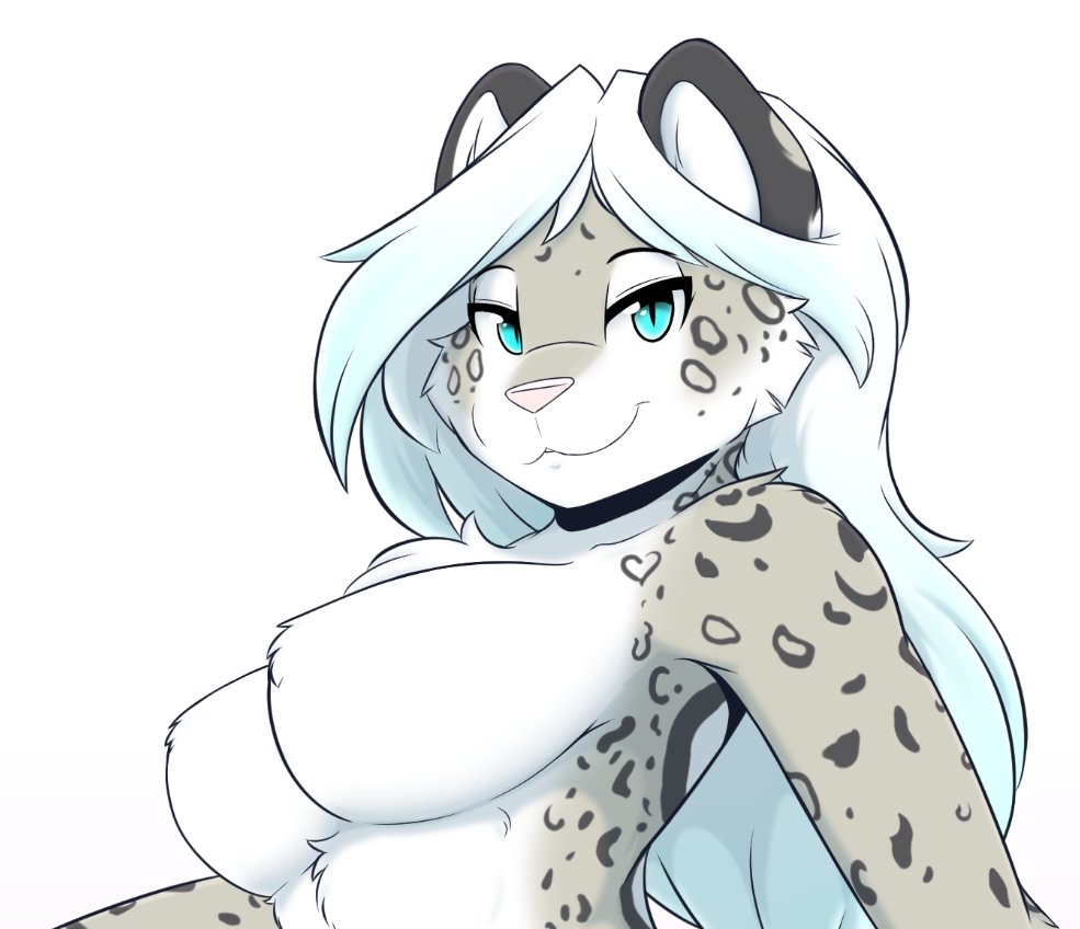 2023 anthro big_breasts blue_eyes breasts chest_tuft felid female fur grey_body grey_fur hair infinitedge long_hair looking_at_viewer mammal naturally_censored nipple_tuft nude pantherine shoulder_tuft smile snow_leopard solo spots spotted_body spotted_fur tuft white_body white_fur