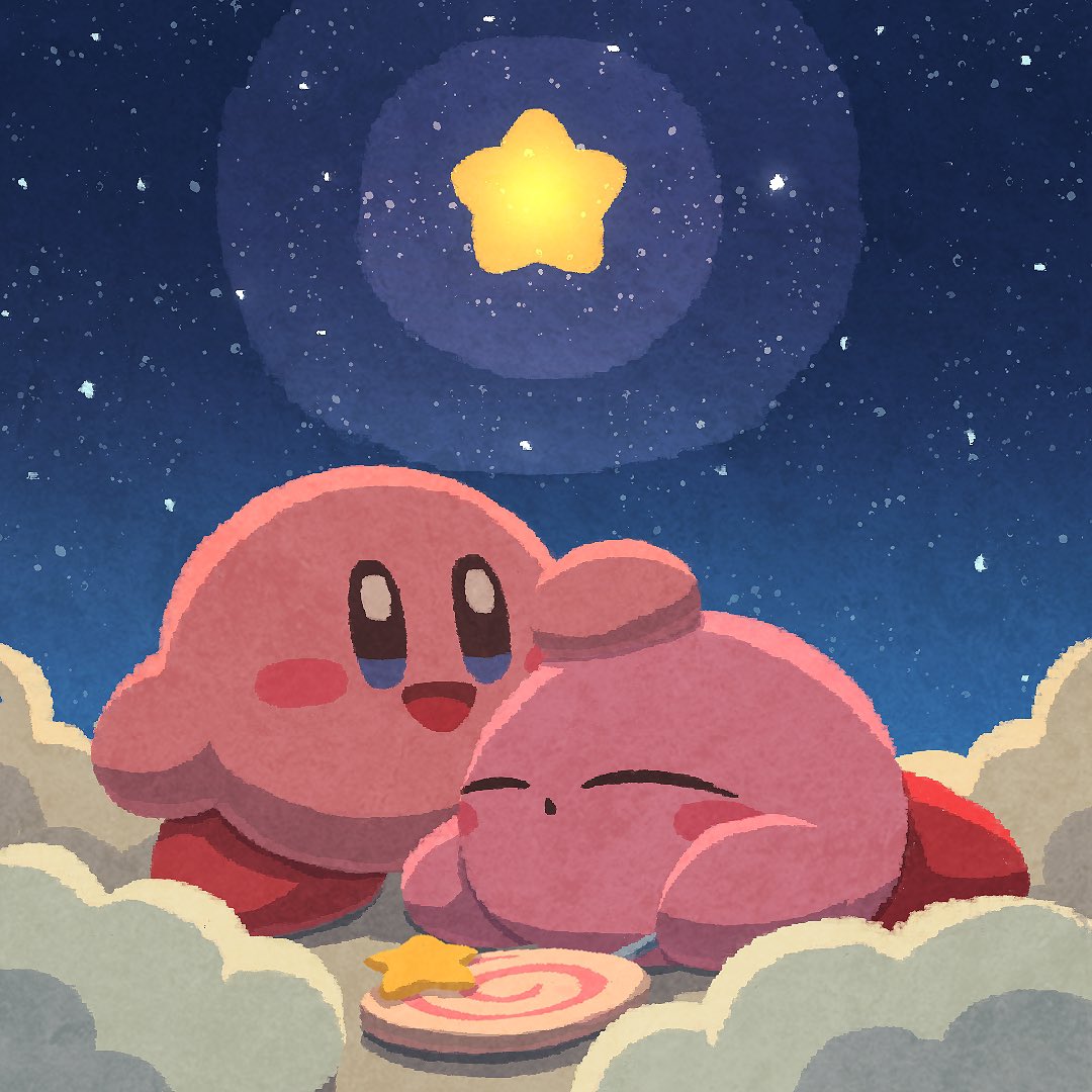 :d :o blue_eyes blush blush_stickers candy closed_eyes closed_mouth cloud commentary_request dual_persona food hand_on_another's_head holding holding_candy holding_food holding_lollipop invincible_candy kirby kirby_(series) lollipop lying miclot night night_sky no_humans on_cloud on_stomach open_mouth sky smile star_(sky) star_(symbol) starry_sky swirl_lollipop