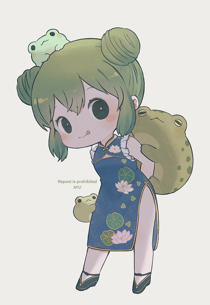 1girl :3 :q arms_behind_back artist_name ayu_(mog) black_eyes black_footwear blue_dress blush blush_stickers bright_pupils china_dress chinese_clothes cleavage_cutout closed_mouth clothing_cutout commentary_request double_bun dress english_commentary floral_print frilled_dress frills frog frog_on_head full_body green_hair hair_between_eyes hair_bun looking_at_viewer lotus_print mixed-language_commentary original print_dress shoes side_slit sidelocks simple_background sleeveless sleeveless_dress solid_circle_eyes solo tongue tongue_out watermark white_background white_pupils