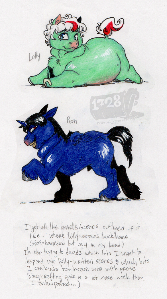 2023 animal_genitalia black_mane black_tail blue_body blue_eyes blue_feathers blue_fur blue_horn character_name colored_pencil_(artwork) curled_mane duo english_text equid equine eyelashes feathered_wings feathers federalchemical1728 female feral fluffy_pony fluffy_pony_(species) fully_sheathed fur genitals glistening glistening_body glistening_fur glistening_mane glistening_tail graphite_(artwork) green_body green_fur grey_hooves handwritten_text highlights_(coloring) hooves horn lolly_(federalchemical1728) looking_at_viewer lying male mammal mane on_front open_mouth open_smile overweight overweight_female overweight_feral pencil_(artwork) raised_hoof raised_tail red_eyes red_highlights ron_(federalchemical1728) sheath simple_background smile standing tail teeth text traditional_media_(artwork) underhoof unguligrade watermark white_background white_mane white_tail winged_unicorn wings