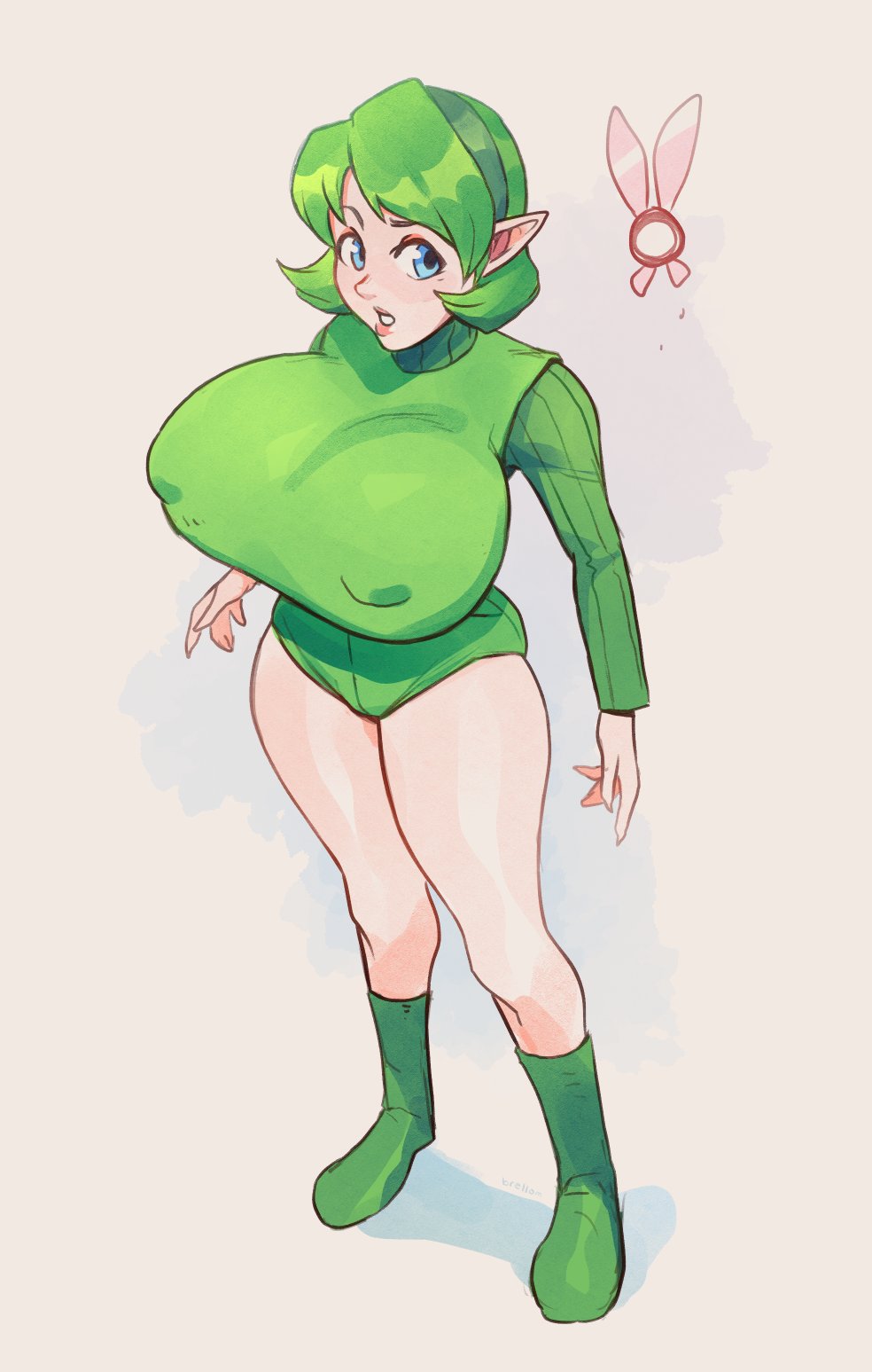 aged_up bad_link blue_eyes breasts brellom green_hair highres huge_breasts large_breasts pointy_ears saria_(zelda) short_hair the_legend_of_zelda the_legend_of_zelda:_ocarina_of_time