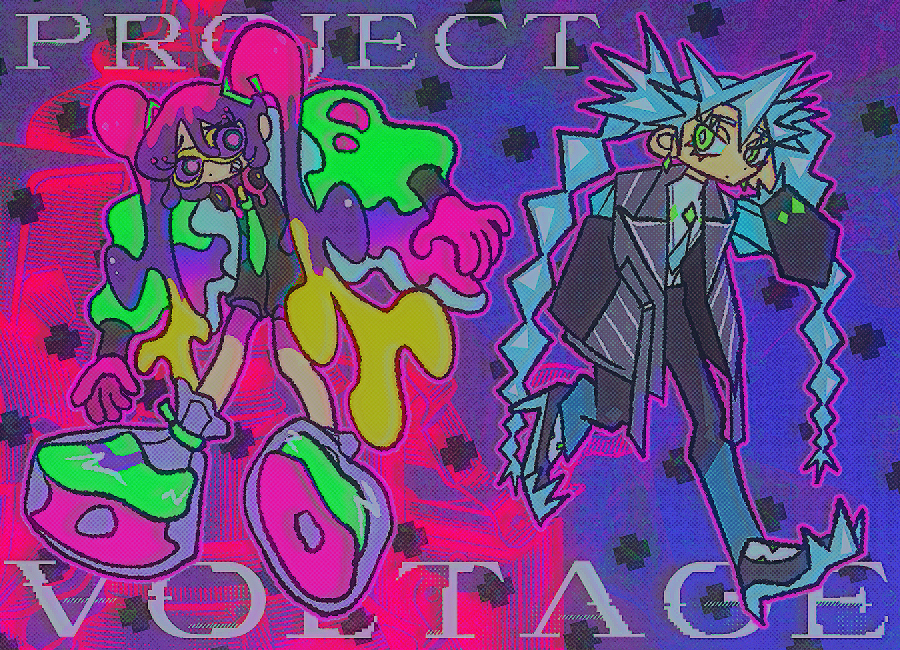 2girls black_footwear black_jumpsuit blonde_hair blue_hair closed_mouth coat copyright_name earrings full_body gloves green_eyes green_sleeves grey_jacket grey_pants grin hair_between_eyes hand_up hatsune_miku ice_miku_(project_voltage) jacket jewelry jumpsuit long_hair long_sleeves looking_at_viewer multicolored_coat multicolored_hair multiple_girls open_clothes open_coat pants pink_gloves pink_hair platform_footwear poison_miku_(project_voltage) pokemon project_voltage puffy_long_sleeves puffy_sleeves purple_hair shirt shoes short_jumpsuit smile spiked_hair standing tnup twintails very_long_hair vocaloid white_shirt