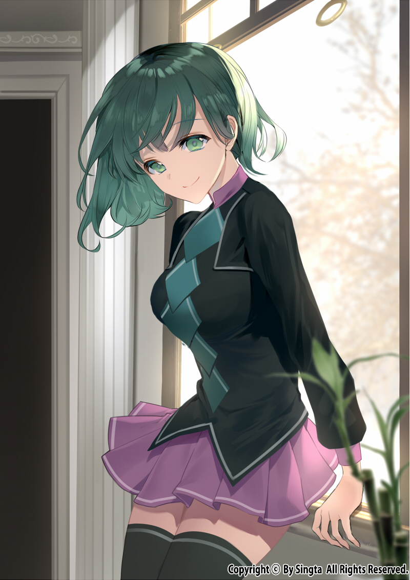 1girl argyle argyle_shirt bamboo black_jacket black_shirt black_thighhighs blurry bob_cut carchet closed_mouth copyright_notice cowboy_shot cropped_jacket depth_of_field green_eyes green_hair indoors jacket leaning_back long_sleeves looking_at_viewer official_art pleated_skirt purple_skirt shirt short_hair sid_story skirt smile solo standing thighhighs tree window wispy_bangs