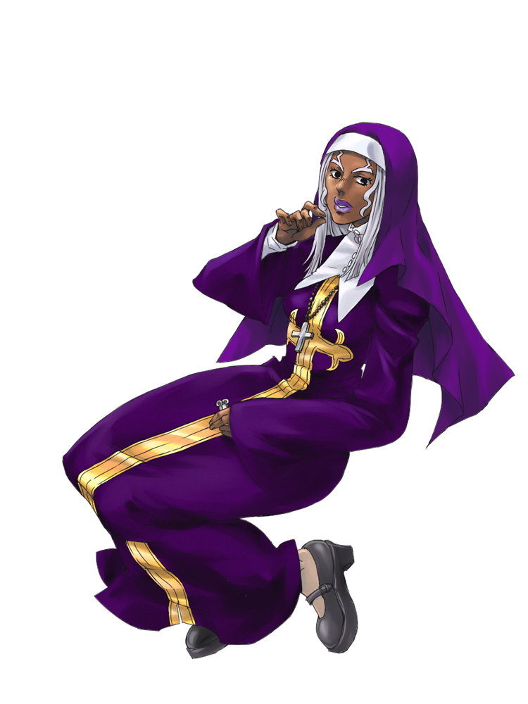 1girl cross cross_necklace dark-skinned_female dark_skin dress enrico_pucci full_body genderswap genderswap_(mtf) habit jewelry jojo_no_kimyou_na_bouken long_hair necklace nun purple_lips saksak69 sitting solo stone_ocean white_hair