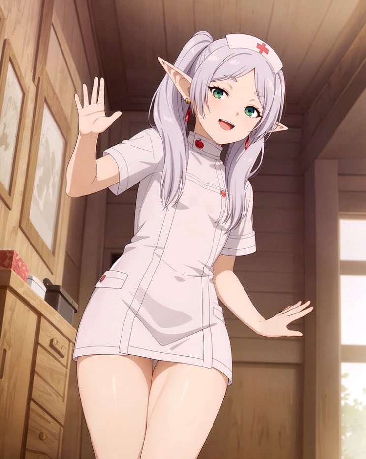ai-generated alternate_costume breasts cabin covered_navel cowboy_shot earrings elf forehead frieren green_eyes grey_hair hat indoors jewelry nurse nurse_cap open_mouth parted_bangs pointy_ears short_sleeves small_breasts smile sousou_no_frieren standing thigh_gap thighs twintails whirlpai
