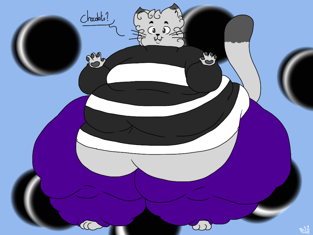 2018 3_toes 4:3 4_fingers anthro batspid2 biped black_eyes bottomwear clothing curled_hair dialogue digital_drawing_(artwork) digital_media_(artwork) domestic_cat ear_markings eyebrows fangs feet felid feline felis fingers flat_colors front_view full-length_portrait hair huge_belly huge_thighs hyper hyper_hips hyper_thighs love_handles male mammal markings moobs morbidly_obese morbidly_obese_anthro morbidly_obese_male navel obese obese_anthro obese_male overweight overweight_anthro overweight_male pattern_background pattern_clothing pawpads portrait purple_clothing question signature simple_background smile solo standing striped_clothing stripes sweater tail tail_markings teeth thick_thighs three-quarter_view toes topwear whiskers