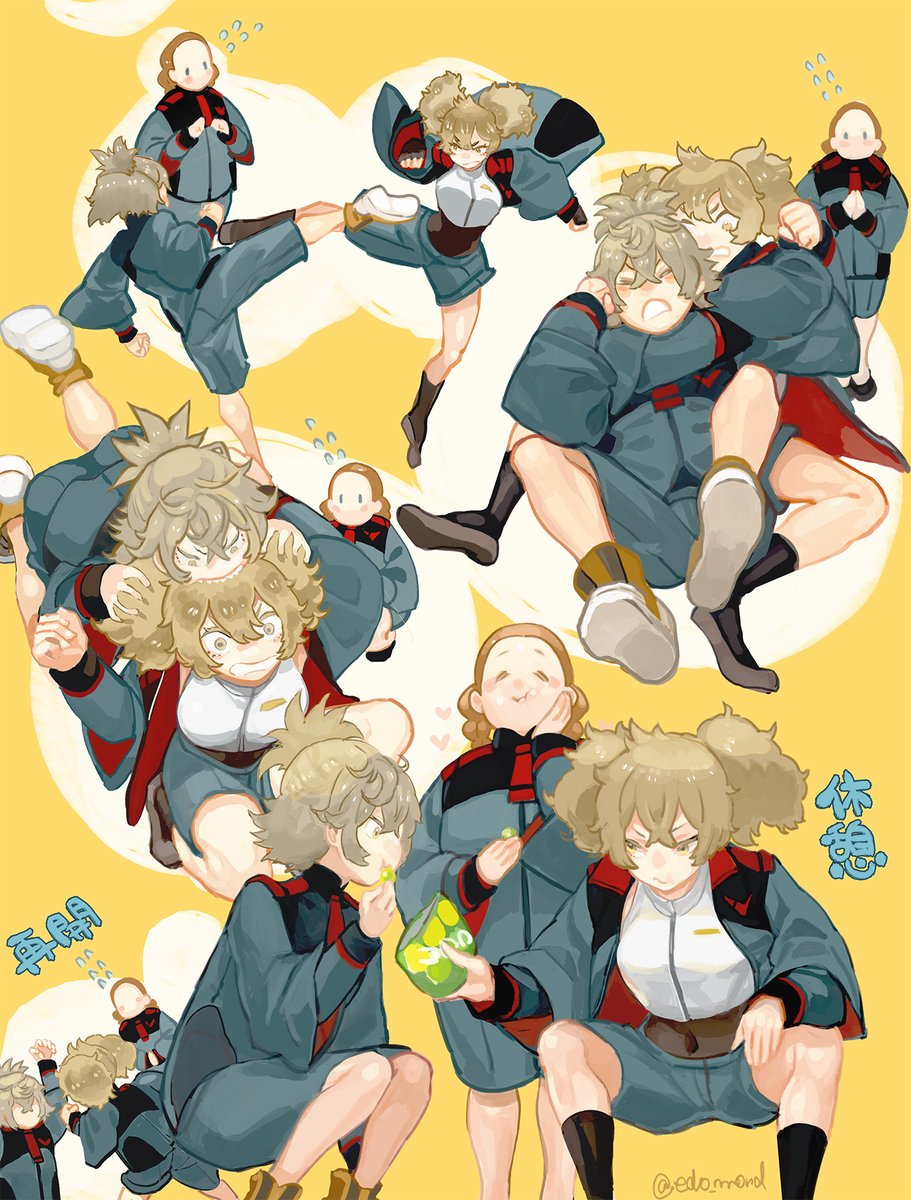 ... 3girls bag biting black_socks boots brown_eyes brown_footwear brown_hair catfight chips_(food) choke_hold covered_navel cropped_shirt eating edo_mond_(edoedoedomond) felsi_rollo fighting food frown green_jacket green_shorts gundam gundam_suisei_no_majo hand_on_own_cheek hand_on_own_face head_biting heart highres holding holding_bag jacket kicking lilique_kadoka_lipati looking_to_the_side multiple_girls nervous parted_lips plump potato_chips renee_costa shirt shorts smile socks squatting strangling sweatdrop thighhighs twintails twitter_username v-shaped_eyebrows white_shirt