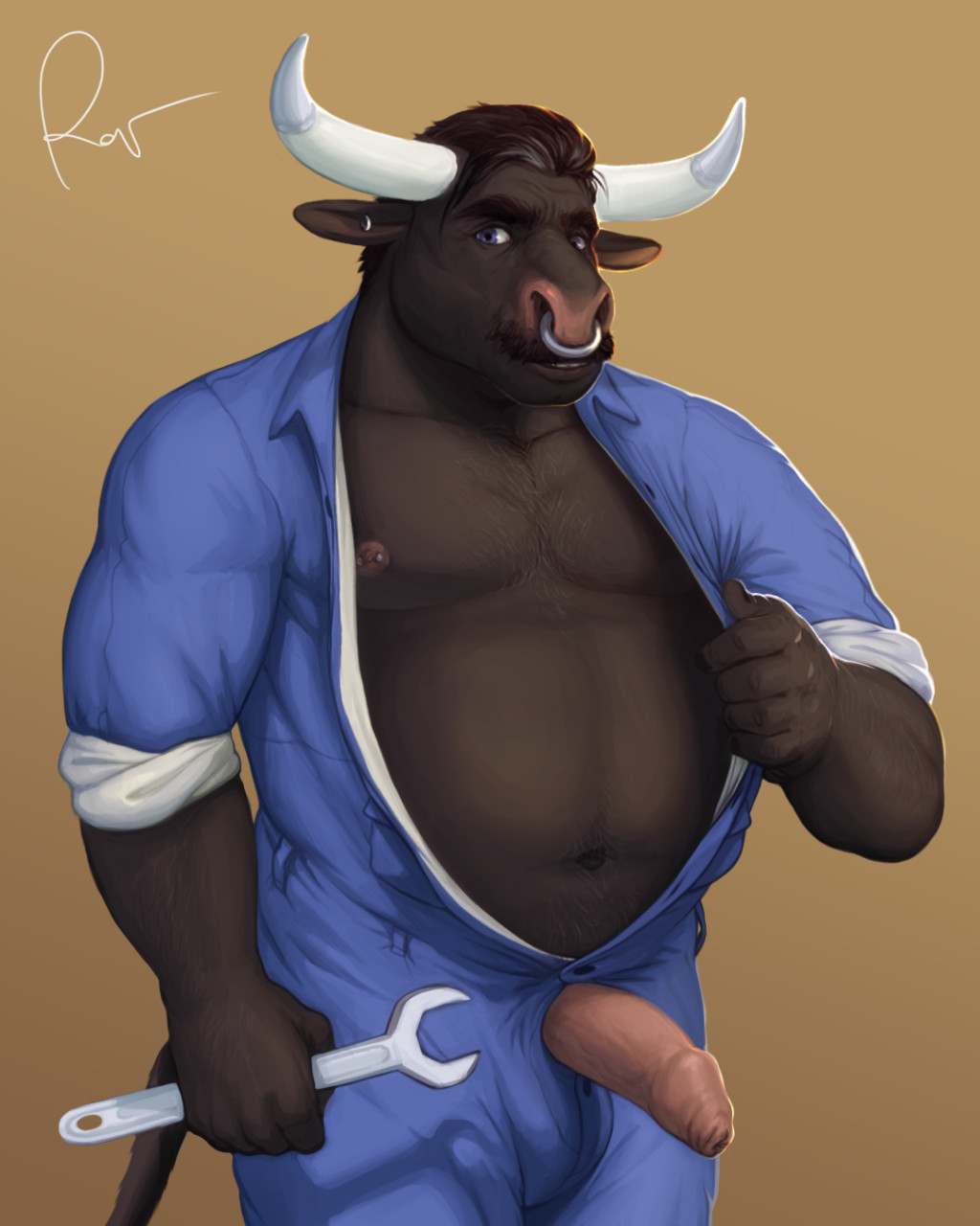 2021 anthro belly blue_eyes body_hair bovid bovine cattle chest_hair ear_piercing erection facial_hair forearm_muscles foreskin genitals happy_trail hi_res holding_object holding_tool holding_wrench horn looking_at_viewer male mammal mature_male mechanic mechanic_outfit musclegut muscular mustache navel nipple_piercing nipples pecs penis piercing poking_out pubes rolled_up_sleeves rov septimus_(smartydragon) simple_background slightly_chubby solo tools vein veiny_penis worksuit wrench yellow_background