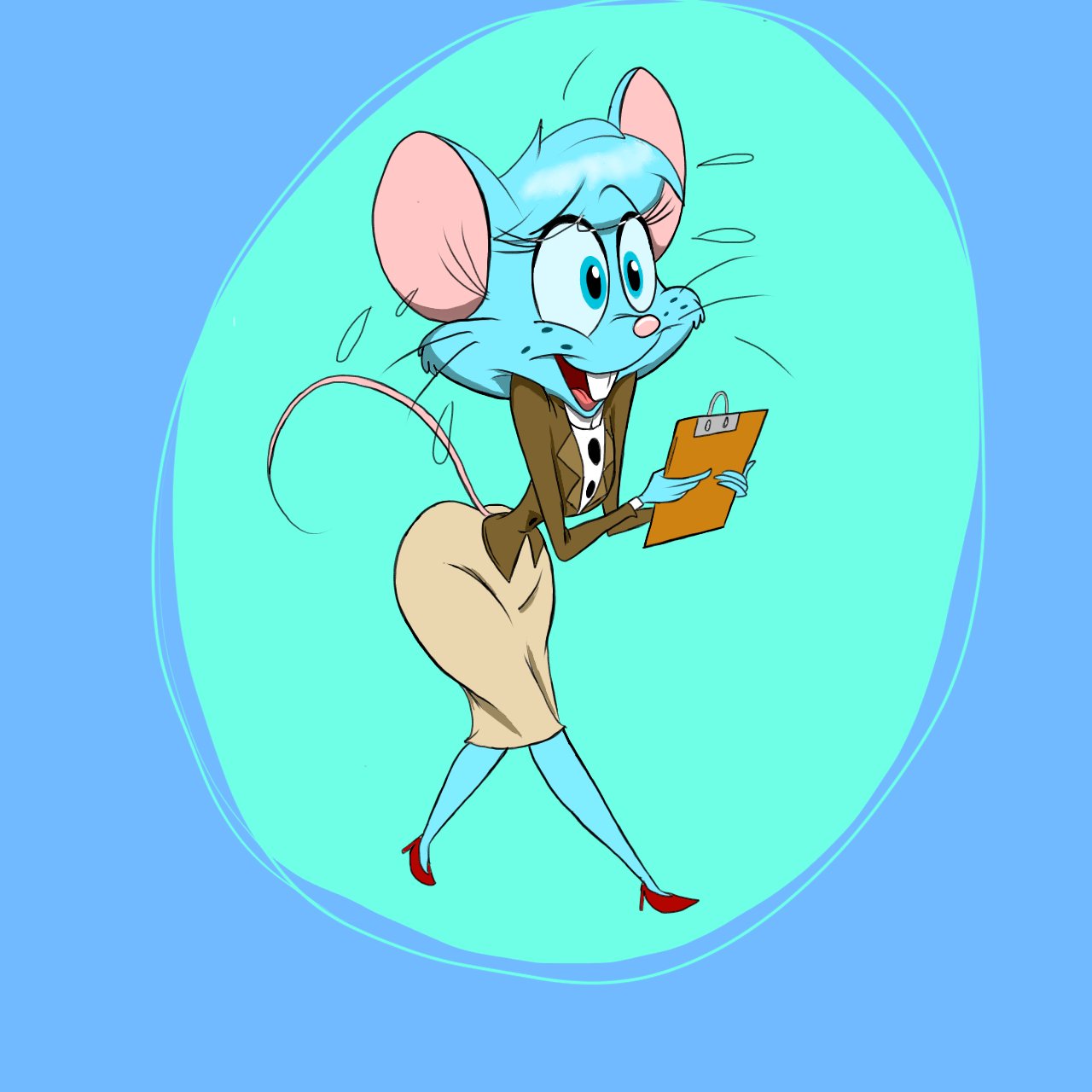 2023 anthro biped blue_background blue_body blue_eyes blue_freckles blue_fur blue_hair bodily_fluids bottomwear buckteeth circle_background clothed clothing colored digital_drawing_(artwork) digital_media_(artwork) female forced_smile fur hair hi_res mammal mia_mouse mouse murid murine open_mouth open_smile rodent simple_background small_waist smile solo stressed sweat sweat_emanata tail teeth topwear whiskers xbox_fan69