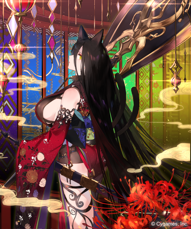 1girl animal_ears architecture ass axe bare_legs black_hair breasts cat_ears cat_girl cat_tail chain choker cowboy_shot decorations detached_sleeves east_asian_architecture floral_print from_side halberd holding holding_axe indoors japanese_clothes kimono lantern long_hair looking_at_viewer obi official_art parted_lips polearm print_kimono rainbow_gradient red_kimono sash scabbard shadowverse sheath short_kimono sideboob single_bare_shoulder smoke solo straight_hair sword tail tevali_(shadowverse) weapon wide_sleeves yellow_eyes yuuhi_homare