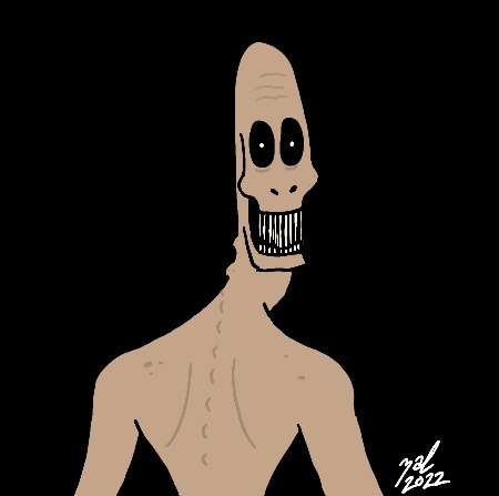 2022 ambiguous_gender artist_name bald black_background black_sclera colored creepy dated digital_drawing_(artwork) digital_media_(artwork) flexible_neck half-length_portrait humanoid looking_at_viewer looking_back looking_back_at_viewer low_res monster monstrous_humanoid portrait rear_view scp-966 scp_foundation signature simple_background solo spine teeth teeth_showing text white_eyes white_text zal-cryptid