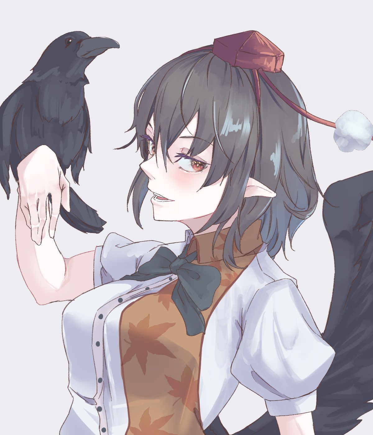 1girl bird bird_on_hand bird_wings black_bow black_bowtie black_hair black_wings bow bowtie brown_eyes commentary_request crow grey_background hat highres kanaria_(bocmn) looking_at_viewer open_mouth pointy_ears pom_pom_(clothes) red_headwear shameimaru_aya short_hair short_sleeves simple_background tokin_hat touhou upper_body wings
