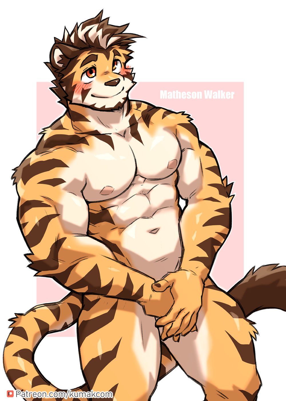 abs anthro biceps blush brown_hair covering covering_crotch covering_self felid hair hi_res kumak71395 male mammal markings matheson multicolored_body muscular muscular_male nipples nude pantherine pecs smile solo striped_body stripes tail tiger yellow_body