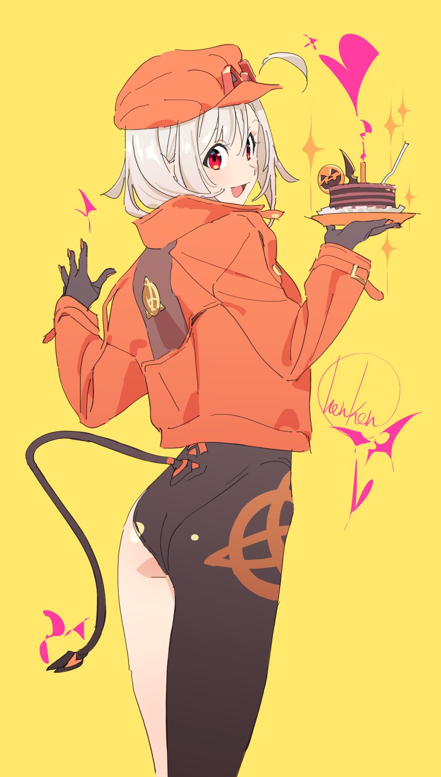 1girl :d artist_name ass asymmetrical_clothes birthday_cake black_gloves black_pants cabbie_hat cake cake_slice candle collared_jacket cowboy_shot detached_ahoge food from_behind gloves hat henken high_collar highres holding holding_plate jacket long_sleeves looking_at_viewer looking_back open_mouth orange_headwear orange_jacket orange_nails original pants plate print_pants red_eyes ribbed_hat short_hair signature simple_background single_pantsleg smile solo tail turning_head white_hair yellow_background